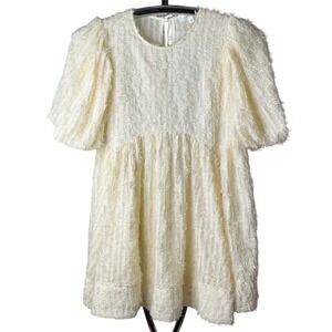 Cream Textured Puff Sleeve Babydoll Mini Dress‎ Cottagecore Boho Size M Amable